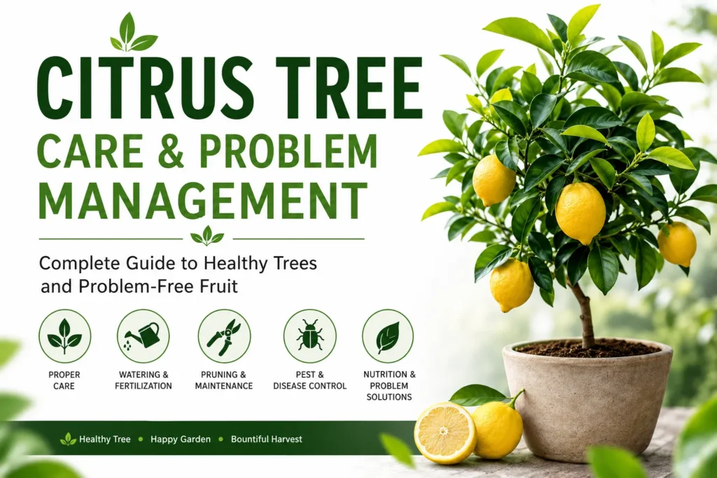 Healthy potted lemon tree with ripe lemons illustrating citrus tree care and problem management, including watering, pruning, fertilization, pest control, and disease prevention.