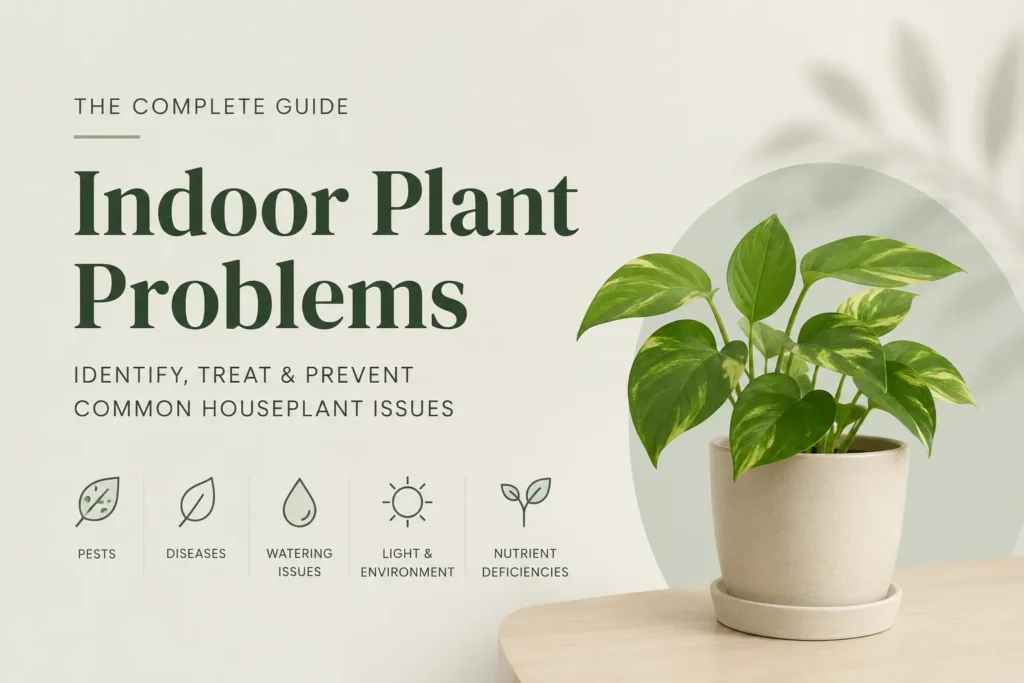 Minimal featured image showing a healthy indoor plant and guide to indoor plant diseases, pests, watering issues, and plant care.