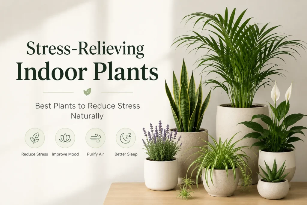 "Minimalist featured image of stress-relieving indoor plants including Snake Plant, Areca Palm, Spider Plant, Lavender, Aloe Vera, and Peace Lily in modern pots, illustrating natural stress relief, air purification, mood enhancement, and better sleep."