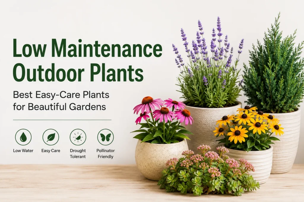 Low maintenance outdoor plants in decorative pots with flowering perennials and evergreen shrubs for an easy-care home garden.