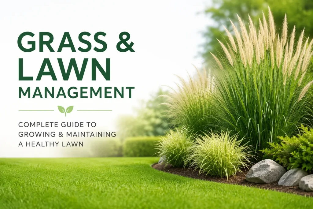 Healthy green lawn with ornamental grasses in a modern landscape, showcasing lush turf and professional grass and lawn management.