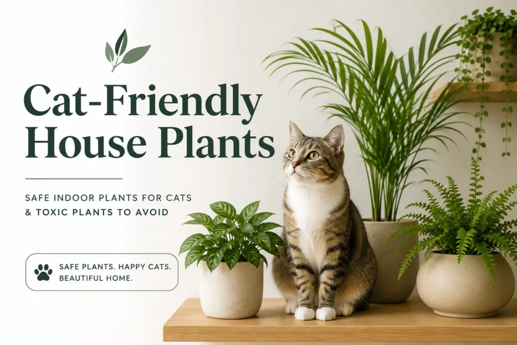 Cat-friendly house plants including a spider plant, fern, and palm beside a cat in a modern indoor space, highlighting safe indoor plants for cats.