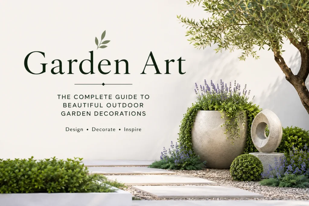 Minimal premium featured image of a modern garden with elegant stone planters, decorative garden sculpture, lush greenery, and a clean white background representing beautiful outdoor garden art and landscape design.
