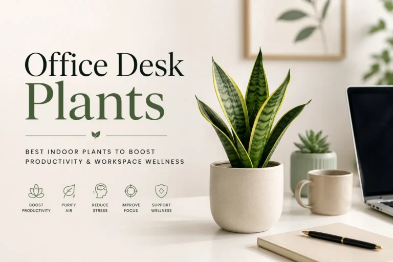 Minimal office desk featuring a Snake Plant in a ceramic pot beside a laptop, notebook, and coffee mug, showcasing stylish office desk plants for productivity and workspace wellness.