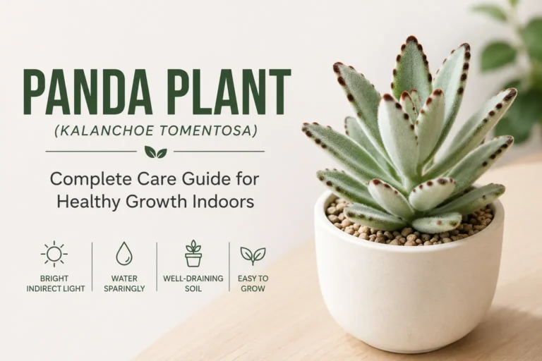 Panda Plant (Kalanchoe tomentosa) in a white ceramic pot with clean minimalist design, showcasing its fuzzy silver-green leaves with brown edges as an indoor succulent care guide featured image.